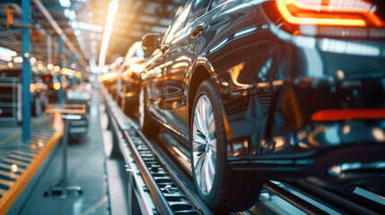 A car production line with cars on the assembly belt in the factory