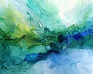 Abstract blue, green, and white ink painting with flowing, swirling patterns.