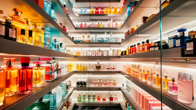 A perfume store with shelves filled with various scents and body care products
