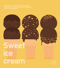 다양한 토핑이 있는 초콜릿아이스크림콘 세트 