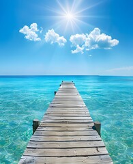 Obraz premium Wooden Pier Leading into Turquoise Caribbean Water Under Clear Sky