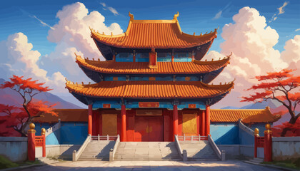 a painting of a chinese building with a sky background