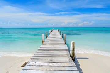 Obraz premium Wooden Pier Leading to White Sandy Beach with Turquoise Sea