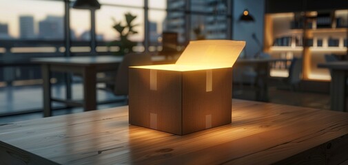 Glowing open cardboard box on a wooden desk in a modern office with city view, representing concept of mystery, surprise, and innovation.