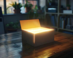 Glowing box on a wooden desk emitting warm light in a cozy home office with plants and bookshelves in the background.