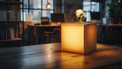 Modern desk lamp glowing warmly on a wooden table in a stylish office setting with large windows.