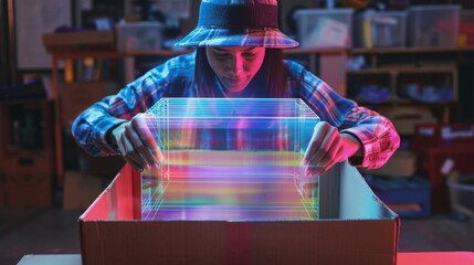 Mysterious person opens a glowing box in a dimly lit room, revealing vibrant, multicolored light, creating a magical and futuristic atmosphere.