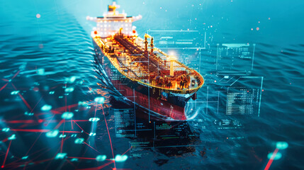 A cargo ship with digital technology symbols floating around it. Concept of global trade or remote monitoring.