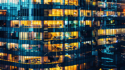 A curved glass skyscraper office building at night
