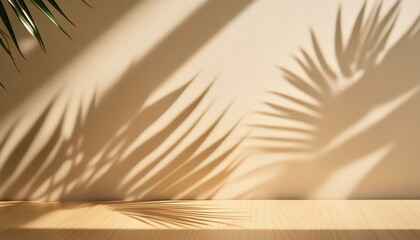  Blurred shadow from palm leaves on light cream wall. Minimalistic beautiful summer spring background