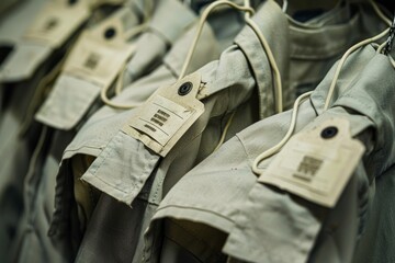 clothing tags of pants and jackets, fashioned from denim and leather in shades of white and blue jean, meticulously organized on racks and shelves within a store.