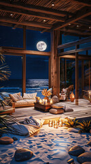 A beach house with candles and lanterns under moonlight, romantic atmosphere