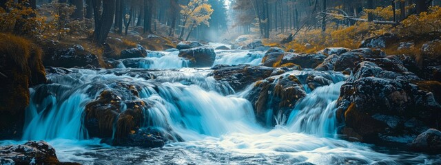 A turbulent river with rapids and cascading waterfalls, conveying a sense of constant motion.