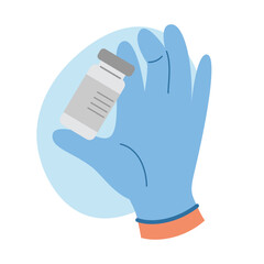 Doctor hand in rubber glove holds ampoule with vaccine. Health care concept