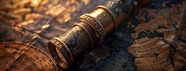 An old brass telescope sits on top of a detailed world map. The telescope is made of brass and has intricate engravings on it.