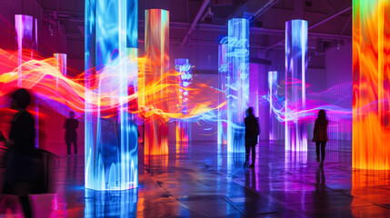 An immersive exhibition hall with glowing screens and abstract digital art installations