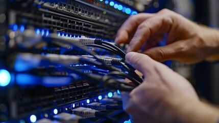 Technician working on server connections in data center, managing cables and ensuring proper functionality. environment is illuminated by blue LED lights, creating high tech atmosphere