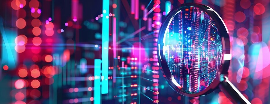 A magnifying glass hovers over a glowing circuit board