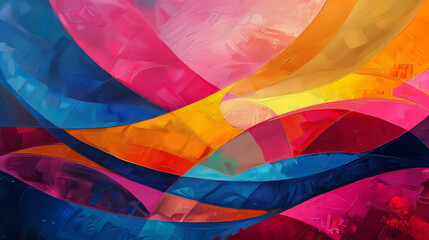 Abstract painting with flowing patterns and vibrant colors such as pinks, blues, and oranges, creating a dynamic and energetic atmosphere