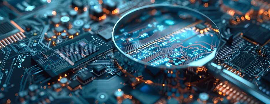 A close-up image of a circuit board with a magnifying glass. The image is in blue and orange tones.