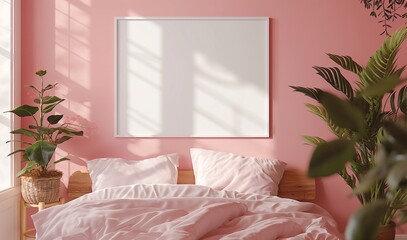 horizontal poster mockup on a wall in cozy room