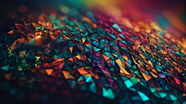 close-up view of textured surface composed of numerous small, triangular and polygon facets in shades of turquoise and purple and gold. abstract background