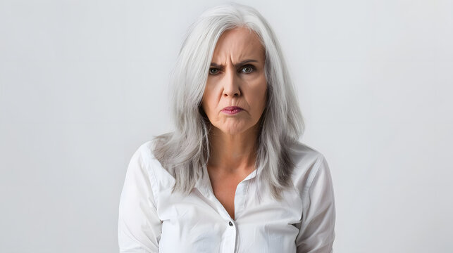 middle aged woman showing frustration and anger against white background. generative ai