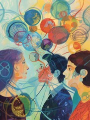 In a brainstorming session A diverse group of people is represented by an abstract thought bubble that connects them together.