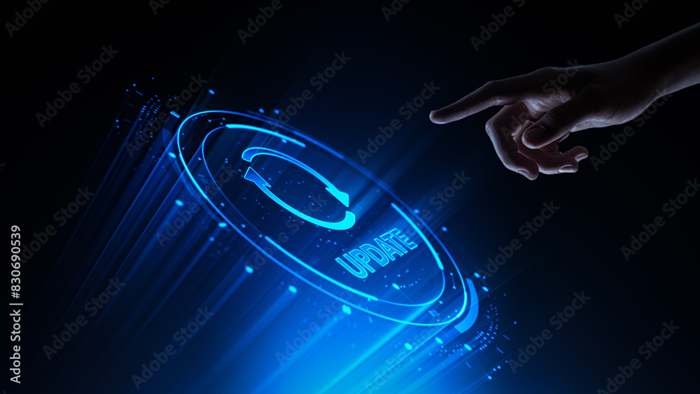 Poster software update. human hand touching futuristic hud virtual screen with icon