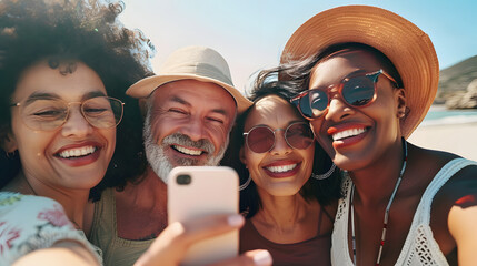 Generative ai middle age happy smiling group multiethnic friends at beach taking selfie - Powered by Adobe