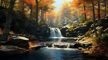 A Waterfall Flowing into an Autumn-Colored Forest
