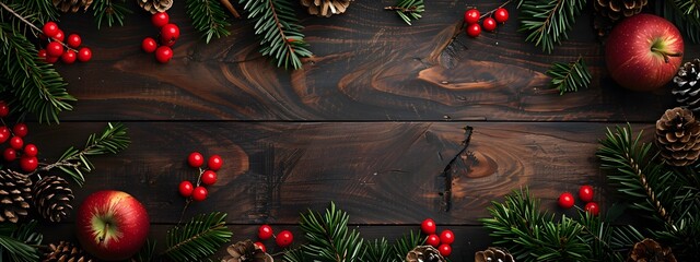 Christmas Background with Wooden Table and Pine Branches
