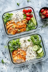 Photo 2 meal prep lunch boxes containers with chicken, white rice and salad top, looking delicious, amateuer photo shot --ar 2:3 --style raw --stylize 50 Job ID: 88077744-76e8-4cc4-9d79-96520410298a