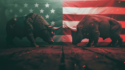 Stock market green red color economy. usa flag background. Trends economic Effect recession on US economy. Stock crash market exchange loss trading. Bull and bear fighting concept stock market