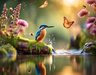 A kingfisher bird on a rock in a pond with flowers and butterflies