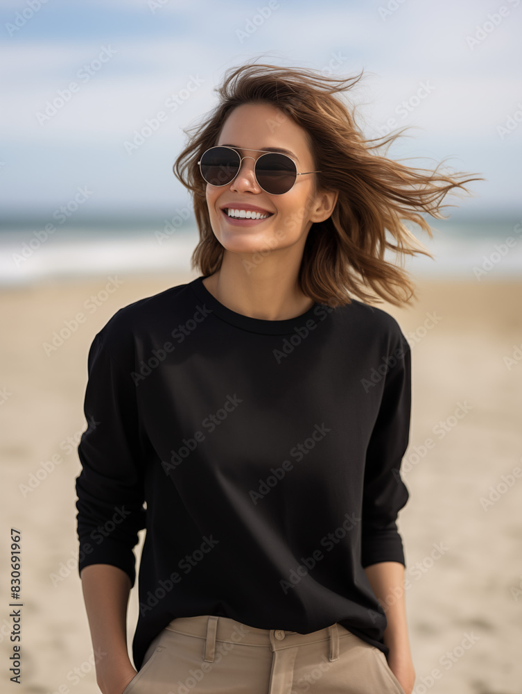 Poster young woman, girl, female, one model blank black sweatshirt mockup mock-up mock up at the beach ocea