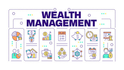 Wealth management word concept isolated on white. Financial services. Budget planning. Financial advisor. Creative illustration banner surrounded by editable line colorful icons. Hubot Sans font used