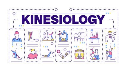 Kinesiology word concept isolated on white. Body movement science. Rehabilitation. Physical therapy. Creative illustration banner surrounded by editable line colorful icons. Hubot Sans font used