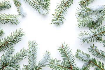 Christmas Background with Snow and Pine Branches Isolated on White