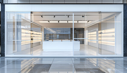 Fototapeta premium White storefront blank showcases. Empty new shop facade interior, clean signboard copy space