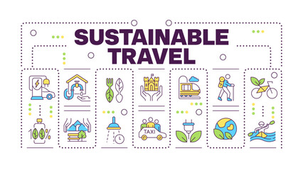 Sustainable travel word concept isolated on white. Eco-conscious tourism. Using green transport. Creative illustration banner surrounded by editable line colorful icons. Hubot Sans font used