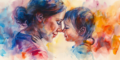 Tender Moment Between Mother and Child in Vibrant Watercolor Art