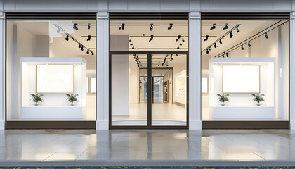 White storefront blank showcases. Empty new shop facade interior, clean signboard copy space
