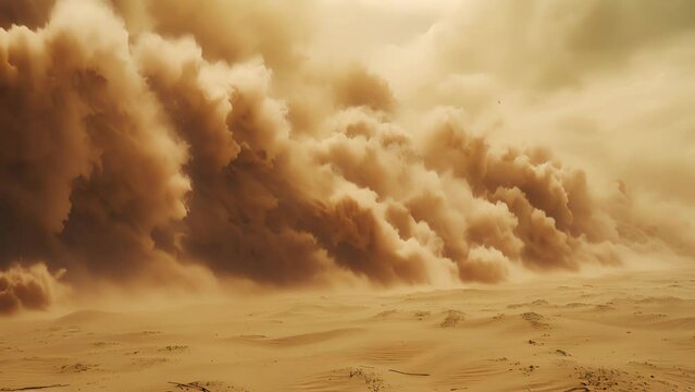 A sandstorm envelops the area causing chaos and obscuring the traders views a metaphor for the volatility of the market.