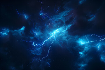 Lightning, electric thunderbolt strike of blue color during night storm, impact, crack, magical energy flash. 