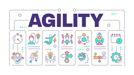 Agility word concept isolated on white. Business methodology. Project management. Process improvement. Creative illustration banner surrounded by editable line colorful icons. Hubot Sans font used