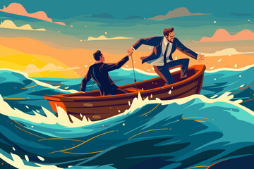 Brave businessman rescuing partner from sinking boat, symbolizing trusted business partnership and support during economic crisis.