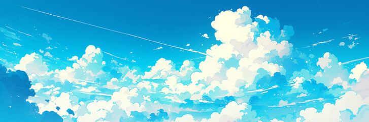 Vibrant Blue Sky with Whimsical Clouds and Contrails Under Sunny Weather