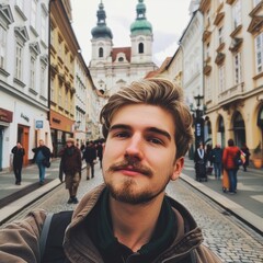 A selfie of a solo traveler with a bustling street scene in a historic European city. 
