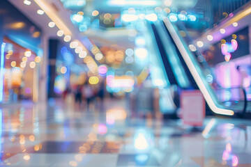 Illuminated Mall Interior with Escalator and Blurred Shoppers